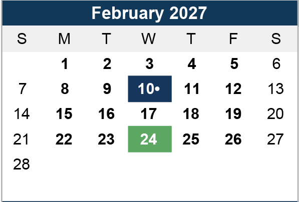 Calendar for February 2027 with days marked in different colors. February 10 is highlighted in dark blue, and February 24 in green.