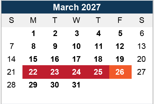 Calendar for March 2027. March 22-26 is highlighted in red and orange, likely signifying a special event or period of importance.