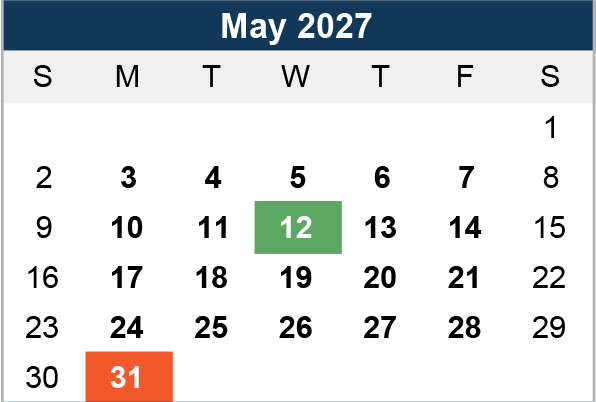 Calendar for May 2027. The 12th is highlighted in green, and the 31st in orange. Weeks start on Sunday, showcasing a typical calendar layout.