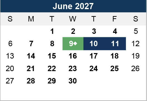 Calendar for June 2027. Days 9 to 11 are highlighted; 9th in green with a diamond, 10th and 11th in navy. The mood is organized and scheduled.