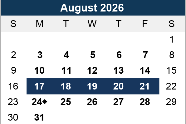 A calendar for August 2026 with the week of the 17th to the 21st highlighted in blue. The 24th has a small diamond symbol, indicating an event.