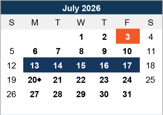 Calendar for July 2026. July 3rd is highlighted in orange, while July 13th to 17th are shaded in dark blue. July 20th has a small black diamond.