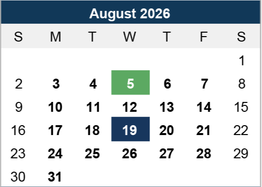 August 2026 calendar with Sundays to Saturdays. Dates 5 and 19 are highlighted in green and blue. Sundays are bolded.