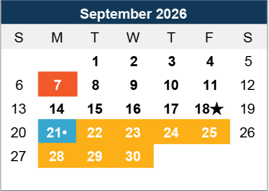 Calendar for September 2026. September 7 is highlighted in red. September 21 is marked with a blue circle, and September 18 has a black star. Dates 21-25 and 28-30 are highlighted in orange.