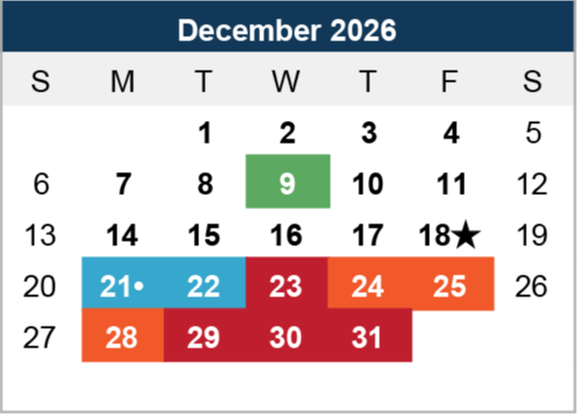 Calendar for December 2026 with green on the 9th, a star on the 18th, and colored blocks highlighting dates from the 21st to the 31st.