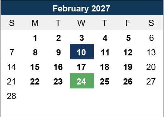 Calendar of February 2027, Sunday to Saturday layout. Notable dates: 10th in dark blue and 24th in green, suggesting significance.
