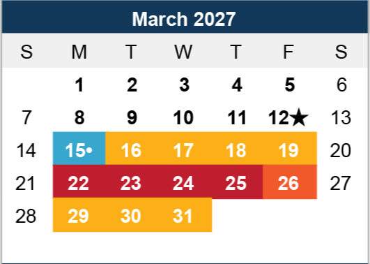 Calendar for March 2027. Weeks highlighted in blue, orange, and red. March 12 has a star, and March 15 has a dot. Mondays are in blue.