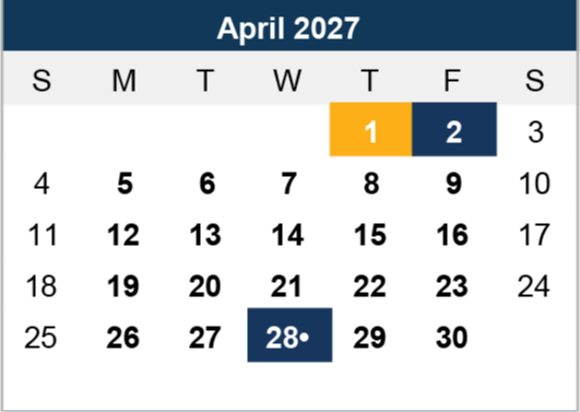 Calendar for April 2027. Days 1 and 2 are highlighted, 1 in orange and 2 in blue. April 28 has a dot, possibly indicating a special event.