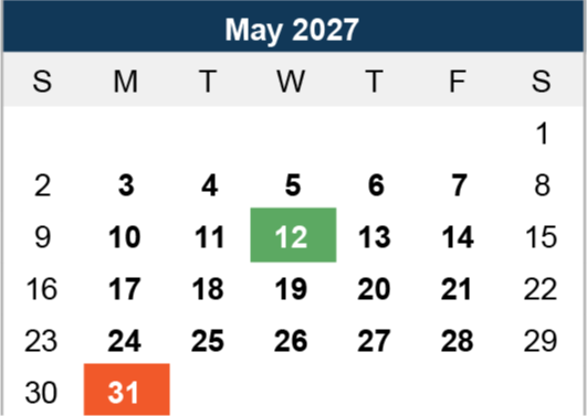 Calendar for May 2027 with selected dates highlighted. May 12 is green, indicating an event. May 31 is orange, possibly marking a holiday.