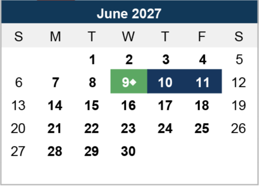 Calendar for June 2027 with selected dates: June 9th is highlighted in green with a diamond, and June 10th-11th are highlighted in blue.