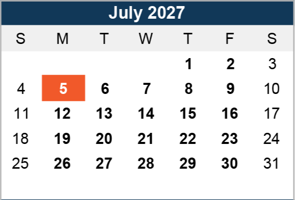 Calendar for July 2027 with dates in grid format. A red highlight marks Tuesday, the 5th. Weeks start with Sunday on the left.