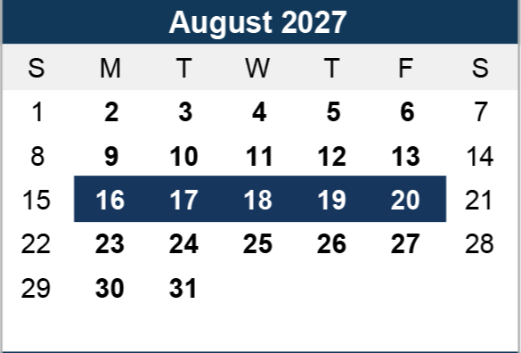 Calendar for August 2027. Rows list days Sunday to Saturday. Dates 16 to 20 are highlighted in dark blue, indicating a special period or event.