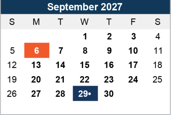 Calendar for September 2027. The 6th is highlighted in orange, and the 29th in blue. Days of the week are labeled, starting with Sunday.