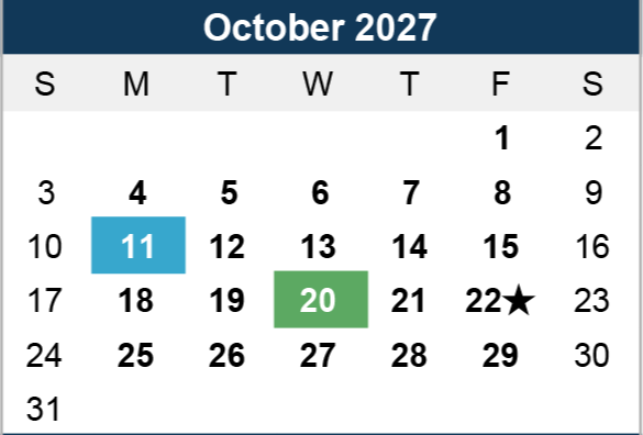 Calendar for October 2027 with days highlighted: October 11 in blue, October 20 in green, and a star on October 22, indicating special dates.