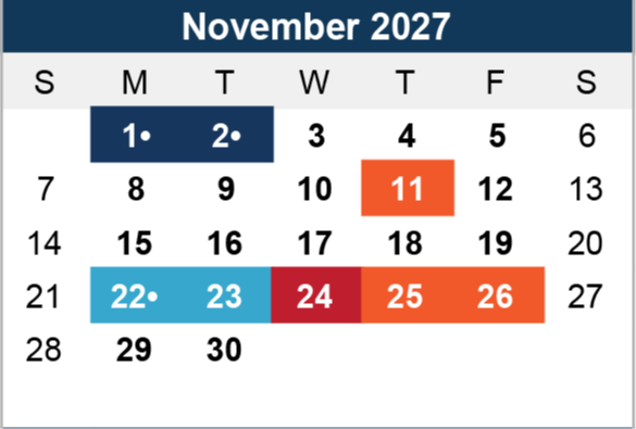 November 2027 calendar with colored dates. Dark blue marks the 1st and 2nd, orange highlights the 11th, 25th, and 26th, and light blue marks the 22nd and 23rd.