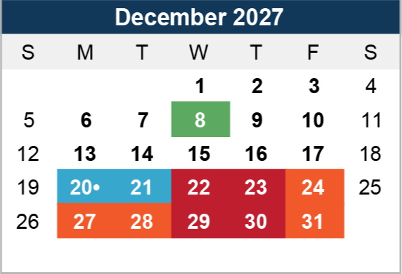 Calendar for December 2027 with highlighted dates. December 8 is green, December 20-30 are in red and orange, and December 20-21 are blue.