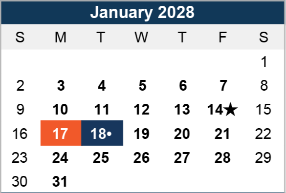 Calendar of January 2028. January 14 has a star symbol; 17 is highlighted in orange, and 18 in blue with a dot. Days marked for emphasis.