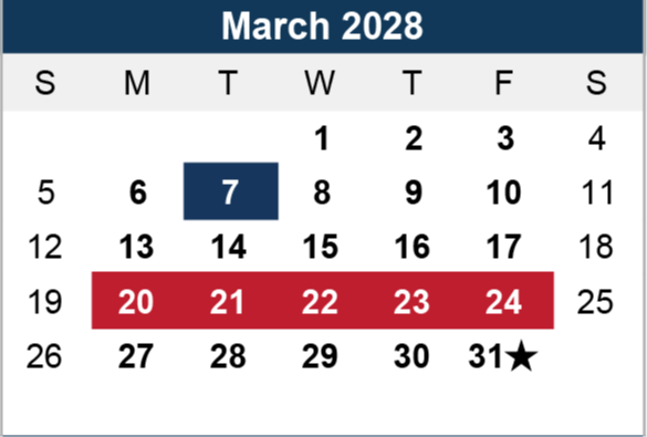 Calendar for March 2028. March 7 highlighted in blue. March 20-24 in red. March 31 marked with a star. Sunday to Saturday layout.