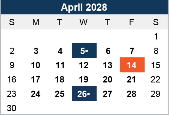 April 2028 calendar with April 5 and 26 marked in dark blue, and April 14 highlighted in orange. Sundays to Saturdays are arranged in rows.