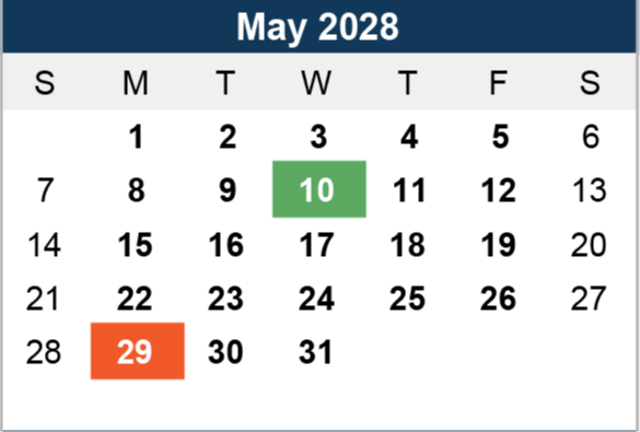 Calendar of May 2028. May 10 is highlighted in green, indicating a notable event. May 29 is highlighted in orange, indicating another key date.