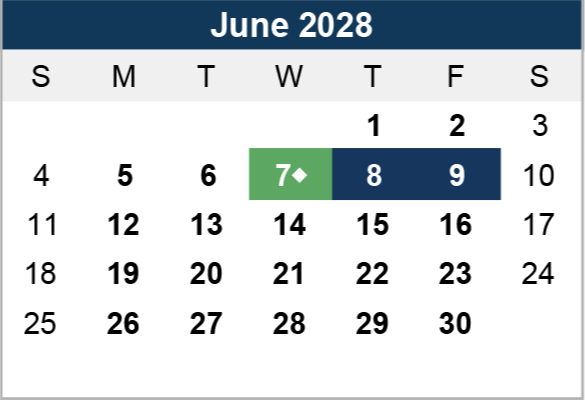 Calendar for June 2028. Special dates: June 7 highlighted in green, June 8 and 9 highlighted in dark blue. Week starts with Sunday (S).