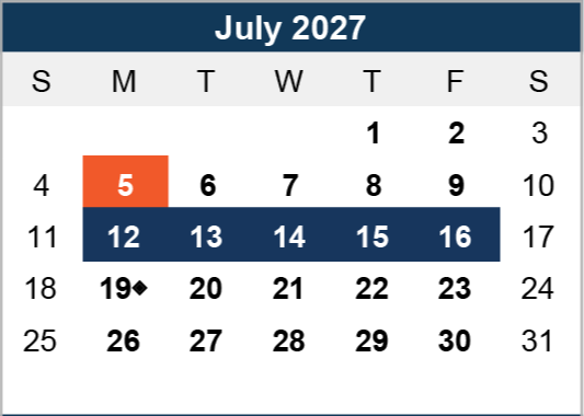 Calendar for July 2027. July 5 highlighted in orange; July 12-16 are in blue. Black diamond marks July 19. Sunday to Saturday format.