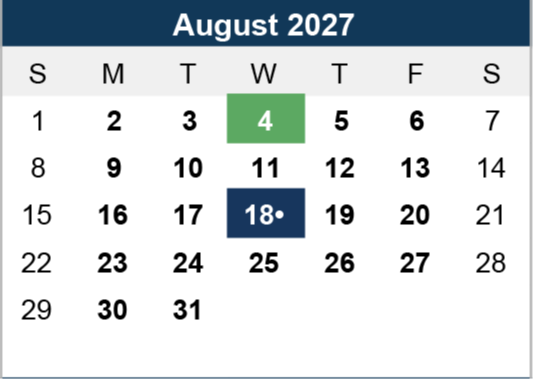 Calendar for August 2027 with Wednesday the 4th highlighted in green and Wednesday the 18th highlighted in blue, indicating special dates.