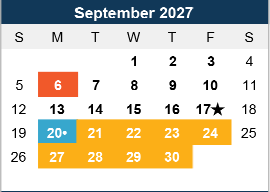 Calendar of September 2027 with days marked in colors. Red on 6th, blue circle on 20th, star on 17th, and orange bar from 21st to 30th.