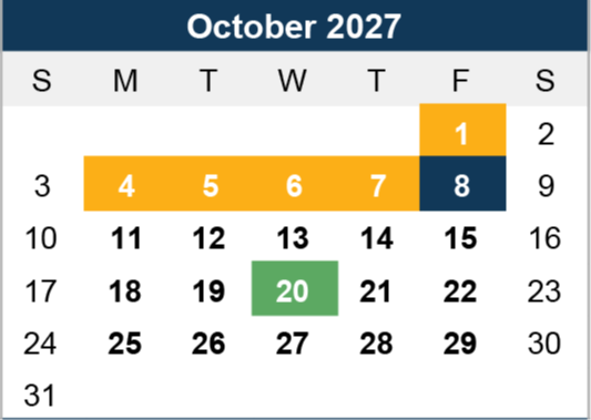 Calendar for October 2027. October 1st is highlighted in orange and October 20th in green. The days 4th to 7th are also in orange.