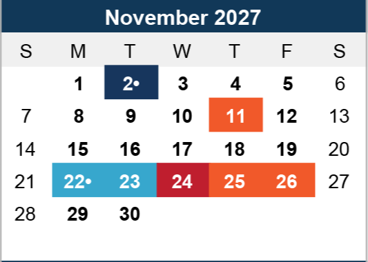 Calendar for November 2027 with color-coded days: November 2 and 22-23 in blue, November 11 and 25-26 in orange, and November 24 in red.