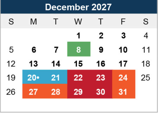 Calendar for December 2027. December 8 is highlighted in green. December 20-31 are in blue, red, and orange, suggesting special events or holidays.