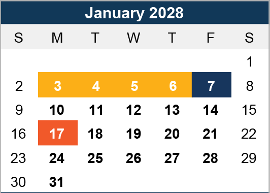 January 2028 calendar with days 3-7 highlighted in yellow and day 17 in orange, indicating importance. Starts on a Sunday, ends on Tuesday 31st.