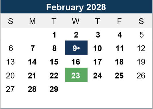 Calendar for February 2028. The 9th is highlighted in blue, and the 23rd is highlighted in green. The month includes 29 days, indicating a leap year.