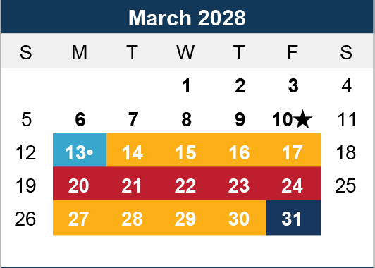 March 2028 calendar highlights: March 10th with a star, the 13th in blue with a dot, the 20th to 24th in red, and the 15th to 31st in orange.