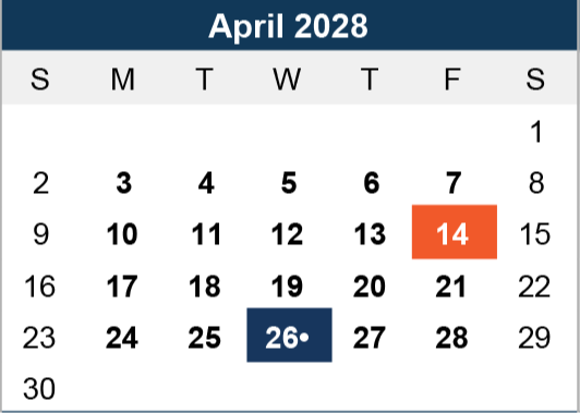 Calendar for April 2028 with days marked in bold for emphasis. April 14 is highlighted in orange, and April 26 is marked with a blue dot.