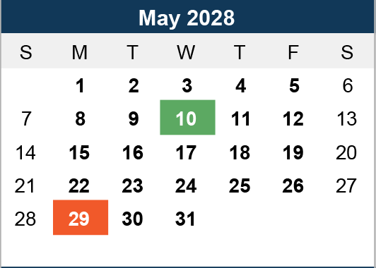Calendar of May 2028. May 10th is highlighted in green, indicating a special date. May 29th is in orange, possibly marking a holiday or event.