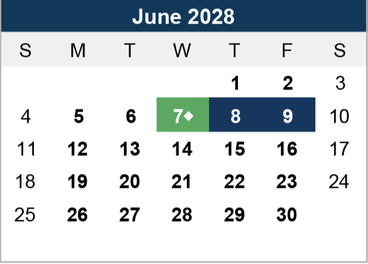 Calendar for June 2028, highlighting Thursday the 7th in green and Friday the 8th in dark blue. Bold numerals mark Sundays. Days in a white backdrop.