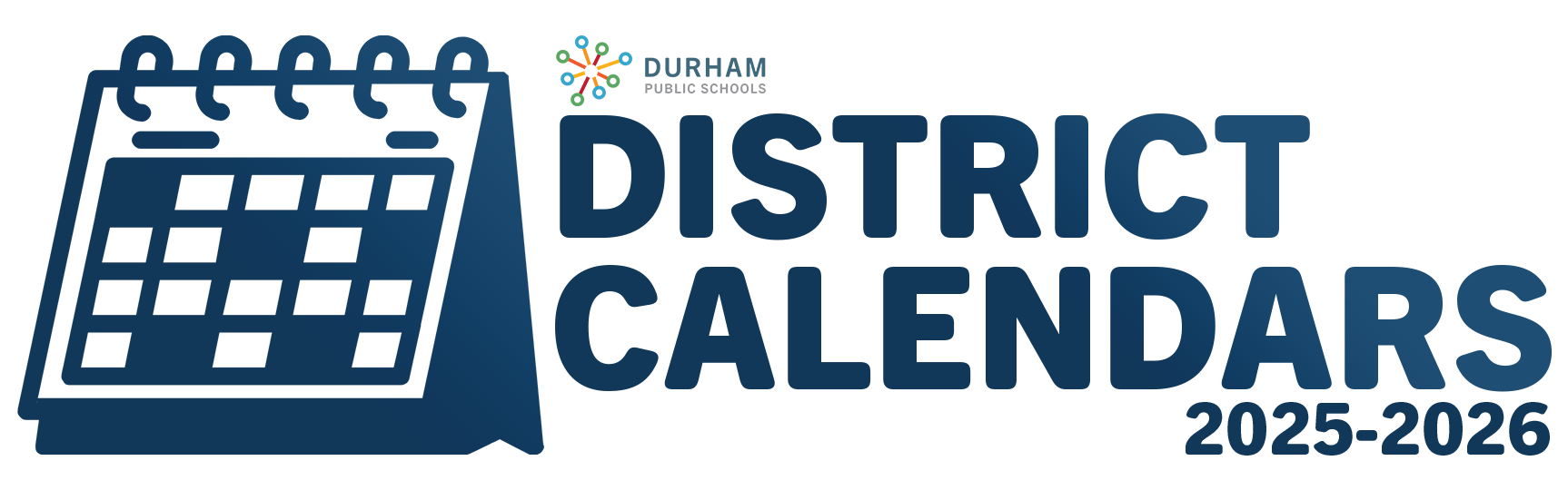 Blue calendar icon with "Durham Public Schools District Calendars 2025-2026" text on a black background. Logo features colorful circles forming a star.