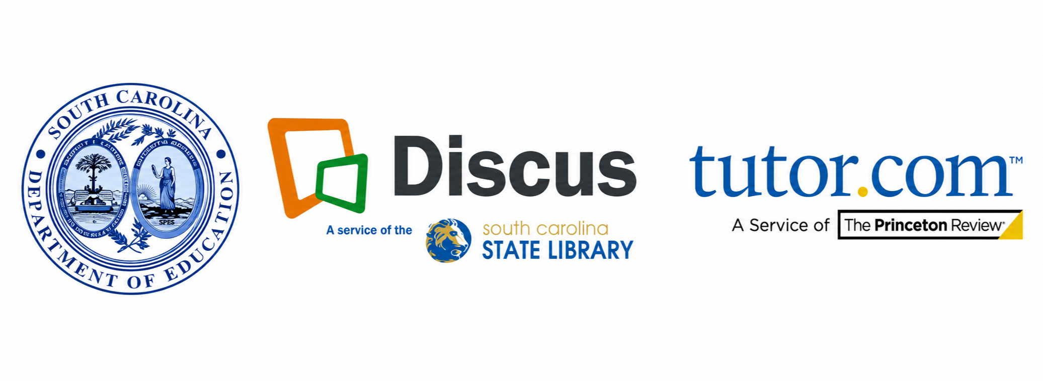SC Dept of Education logo, Discuss logo and Tutor.com logo
