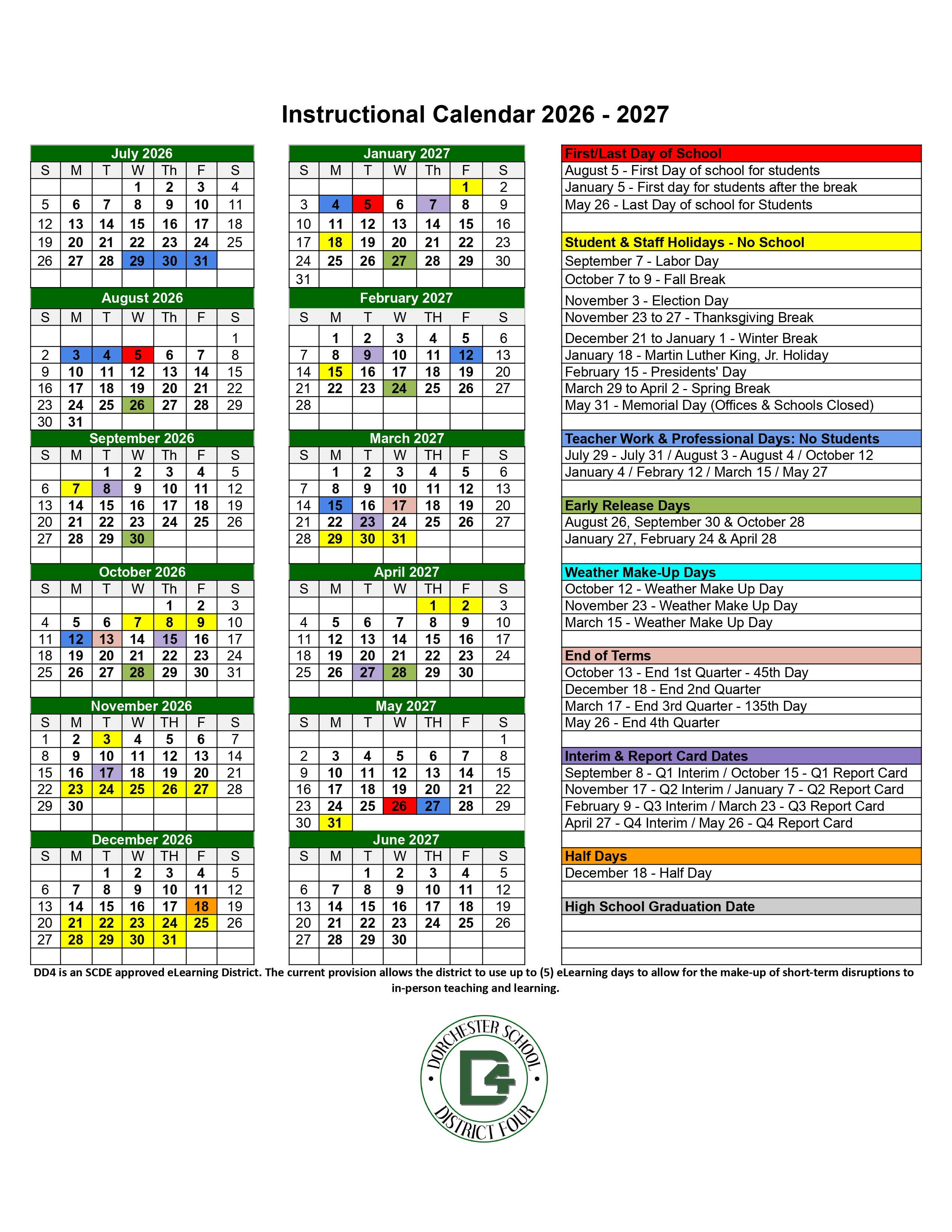 2026-2027 DD4 instructional calendar with school dates, breaks, holidays and workdays. Instructional Calendar 2026-2027 Dorchester School District Four  First/Last Day of School August 5: First day of school for students January 5: First day for students after the break May 26: Last day of school for students Student & Staff Holidays: No School September 7: Labor Day October 7-9: Fall Break November 3: Election Day November 23-27: Thanksgiving Break December 21-January 1: Winter Break January 18: Martin Luther King, Jr. Holiday February 15: Presidents' Day March 29-April 2: Spring Break May 31: Memorial Day, offices and schools closed Teacher Work & Professional Days: No Students July 29-31 August 3-4 October 12 January 4 February 12 March 15 May 27 Early Release Days August 26 September 30 October 28 January 27 February 24 April 28 Weather Make-Up Days October 12 November 23 March 15 End of Terms October 13: End of 1st Quarter, 45th Day December 18: End of 2nd Quarter March 17: End of 3rd Quarter, 135th Day May 26: End of 4th Quarter Interim & Report Card Dates September 8: Q1 Interim October 15: Q1 Report Card November 17: Q2 Interim January 7: Q2 Report Card February 9: Q3 Interim March 23: Q3 Report Card April 27: Q4 Interim May 26: Q4 Report Card Half Days December 18 High School Graduation Date No date listed.  The calendar covers July 2026 through June 2027 and uses color coding to identify school days, holidays, teacher workdays, early release days, weather make-up days, term endings, report card dates and half days.  Additional information: DD4 is an SCDE-approved eLearning District. The current provision allows the district to use up to five eLearning days to make up for short-term disruptions to in-person teaching and learning.