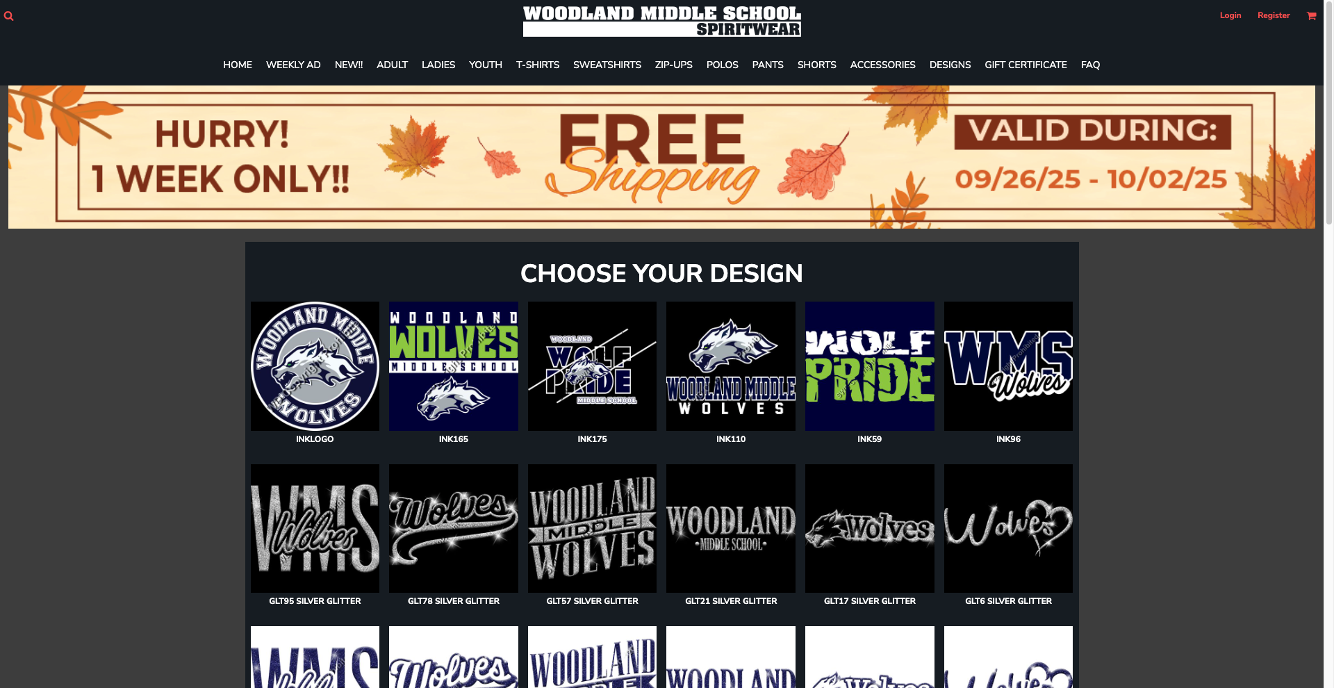 Screenshot of the Woodland Middle School Spiritwear online store webpage. A fall-themed banner at the top reads “Hurry! 1 Week Only!! Free Shipping, Valid During: 09/26/25 – 10/02/25.” Below the banner, the section “Choose Your Design” displays multiple Woodland Middle School Wolves graphics and logos in various styles and colors, including text designs such as “Wolf Pride,” “WMS Wolves,” and glitter-styled “Wolves.”