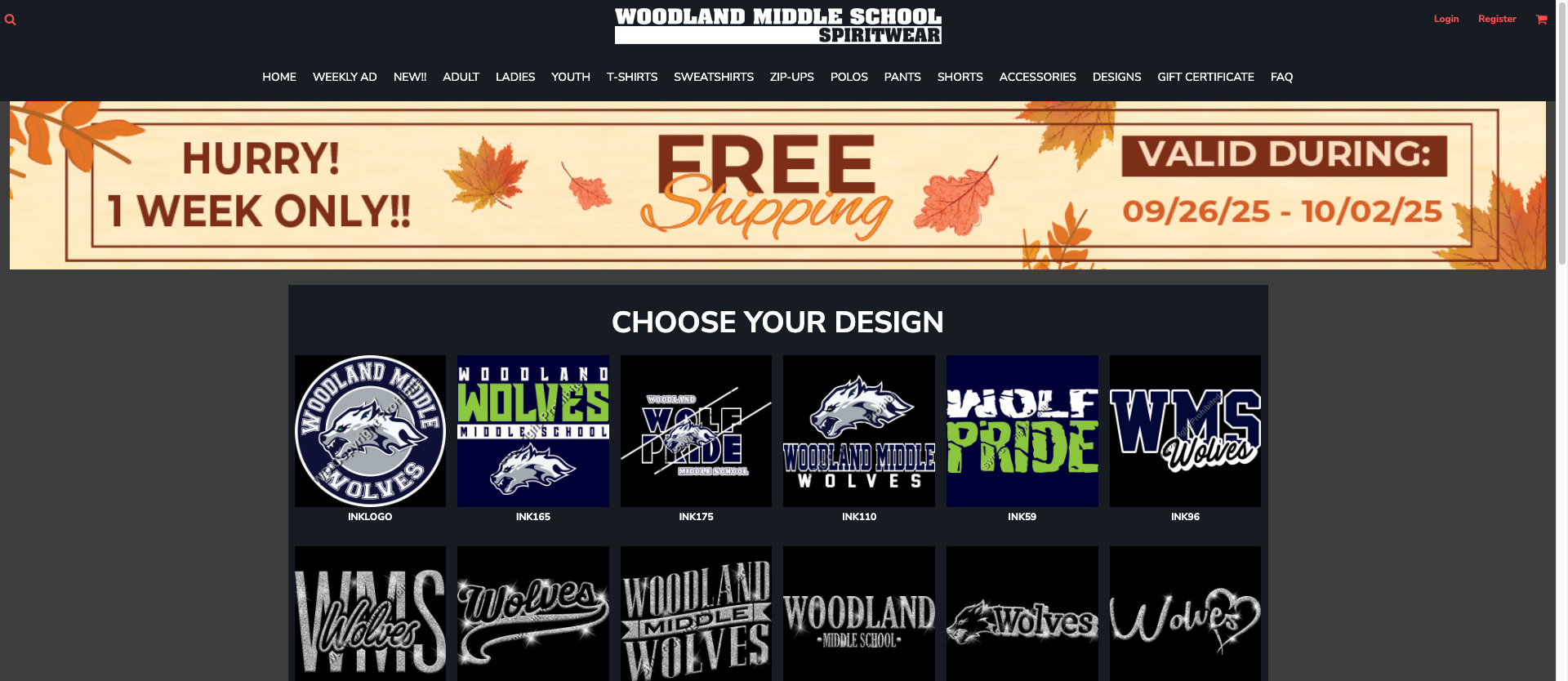 Screenshot of the Woodland Middle School Spiritwear online store webpage. A fall-themed banner at the top reads “Hurry! 1 Week Only!! Free Shipping, Valid During: 09/26/25 – 10/02/25.” Below the banner, the section “Choose Your Design” displays multiple Woodland Middle School Wolves graphics and logos in various styles and colors, including text designs such as “Wolf Pride,” “WMS Wolves,” and glitter-styled “Wolves.”