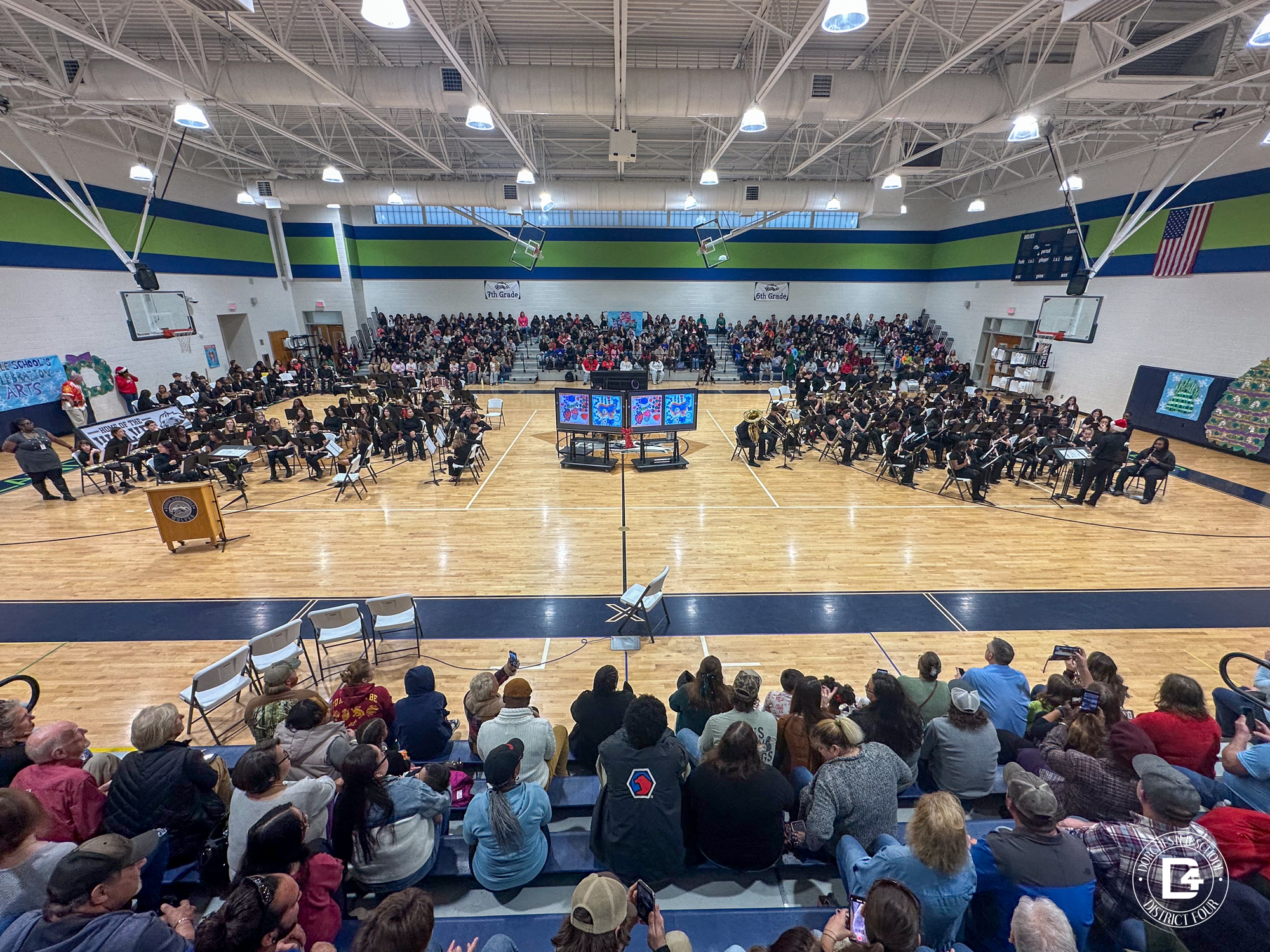 Woodland Middle School bands playing the the WMS Gymnasium during their Winter Arts Concert