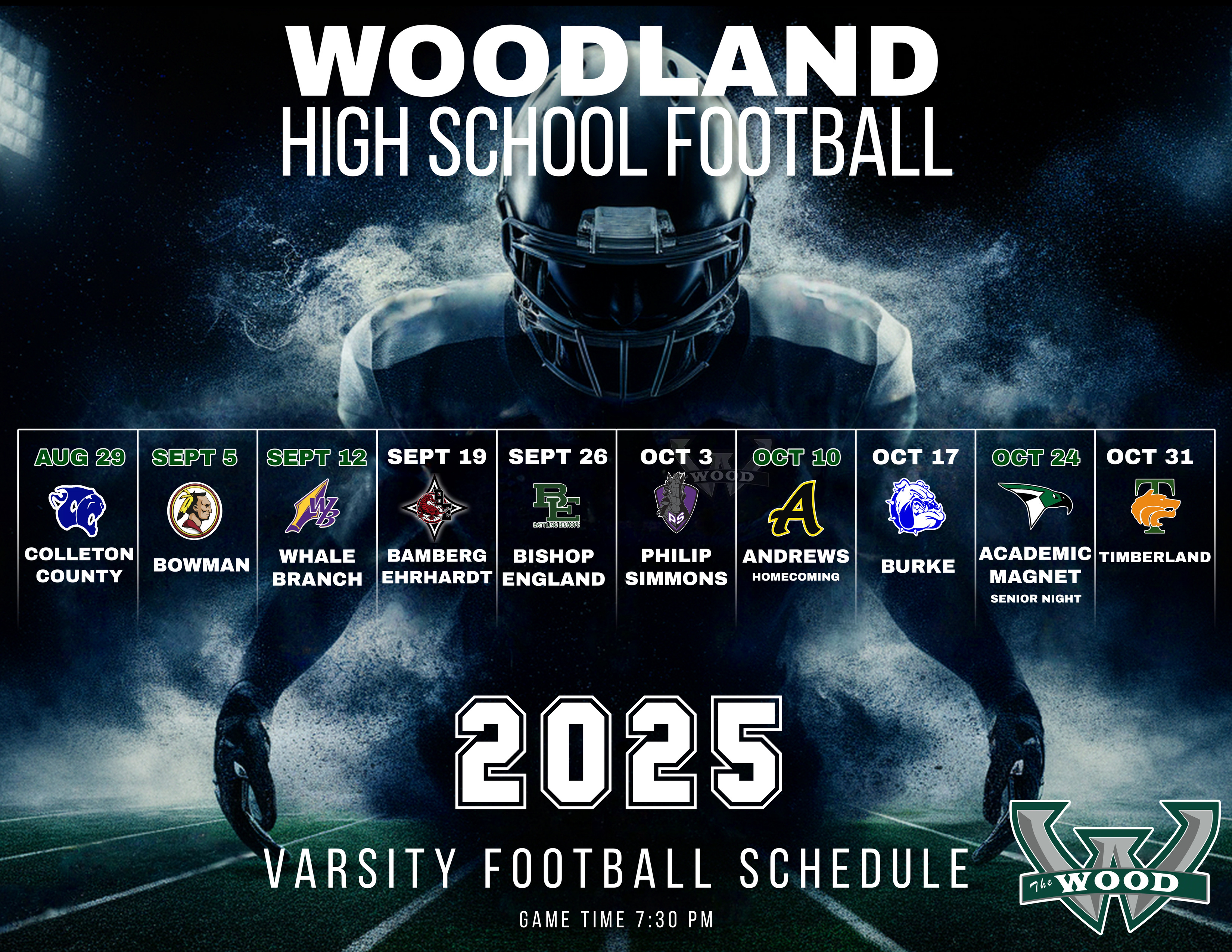 Graphic shows Woodland High School Varsity Football 2025 Schedule with game time listed as 7:30 PM. Season opens August 29 against Colleton County and ends October 31 against Timberland. Other opponents include Bowman, Whale Branch, Bamberg Ehrhardt, Bishop England, Philip Simmons, Andrews (Homecoming), Burke, and Academic Magnet (Senior Night). Team logos are displayed above each date. Background features a football player in dark uniform standing under stadium lights.