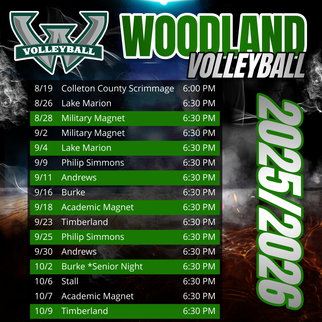 Image features Woodland High School Varsity Volleyball 2025–2026 Schedule. Games begin August 19 and end October 9. Matches include opponents like Military Magnet, Lake Marion, Philip Simmons, Andrews, Burke, Academic Magnet, Timberland, Stall, with Burke designated as Senior Night on October 2. All matches start at 6:30 PM. Background includes smoke effects and lightning with a "W Volleyball" logo.