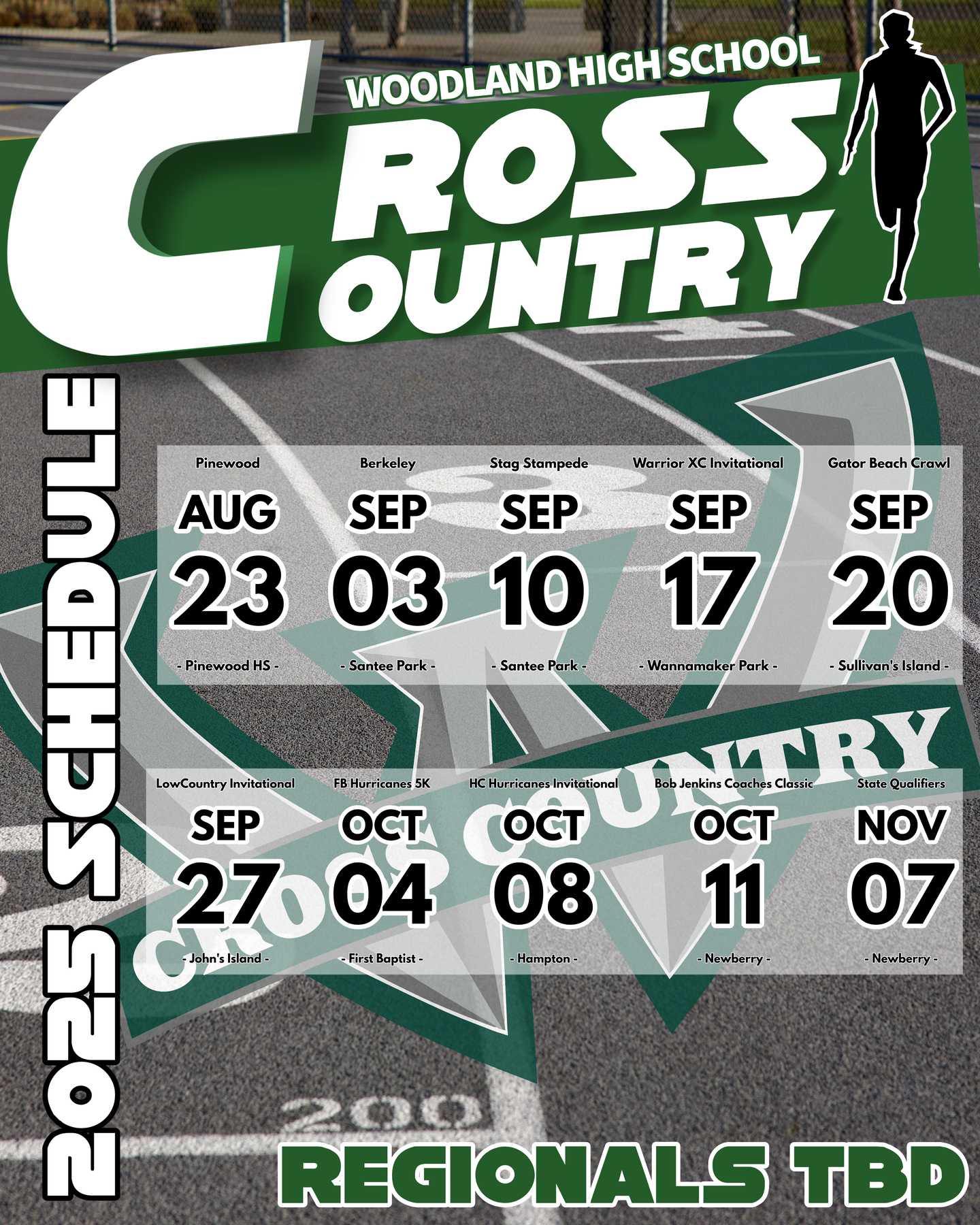 Woodland High School Cross Country 2025 schedule graphic. The schedule is displayed over a running track background with a green and white design. Dates and events are listed: Aug 23 (Pinewood HS), Sept 3 (Berkeley, Santee Park), Sept 10 (Stag Stampede, Santee Park), Sept 17 (Warrior XC Invitational, Wannamaker Park), Sept 20 (Gator Beach Crawl, Sullivan’s Island), Sept 27 (LowCountry Invitational, John’s Island), Oct 4 (FB Hurricanes 5K, First Baptist), Oct 8 (HC Hurricanes Invitational, Hampton), Oct 11 (Bob Jenkins Coaches Classic, Newberry), Nov 7 (State Qualifiers, Newberry). “Regionals TBD” is noted at the bottom.