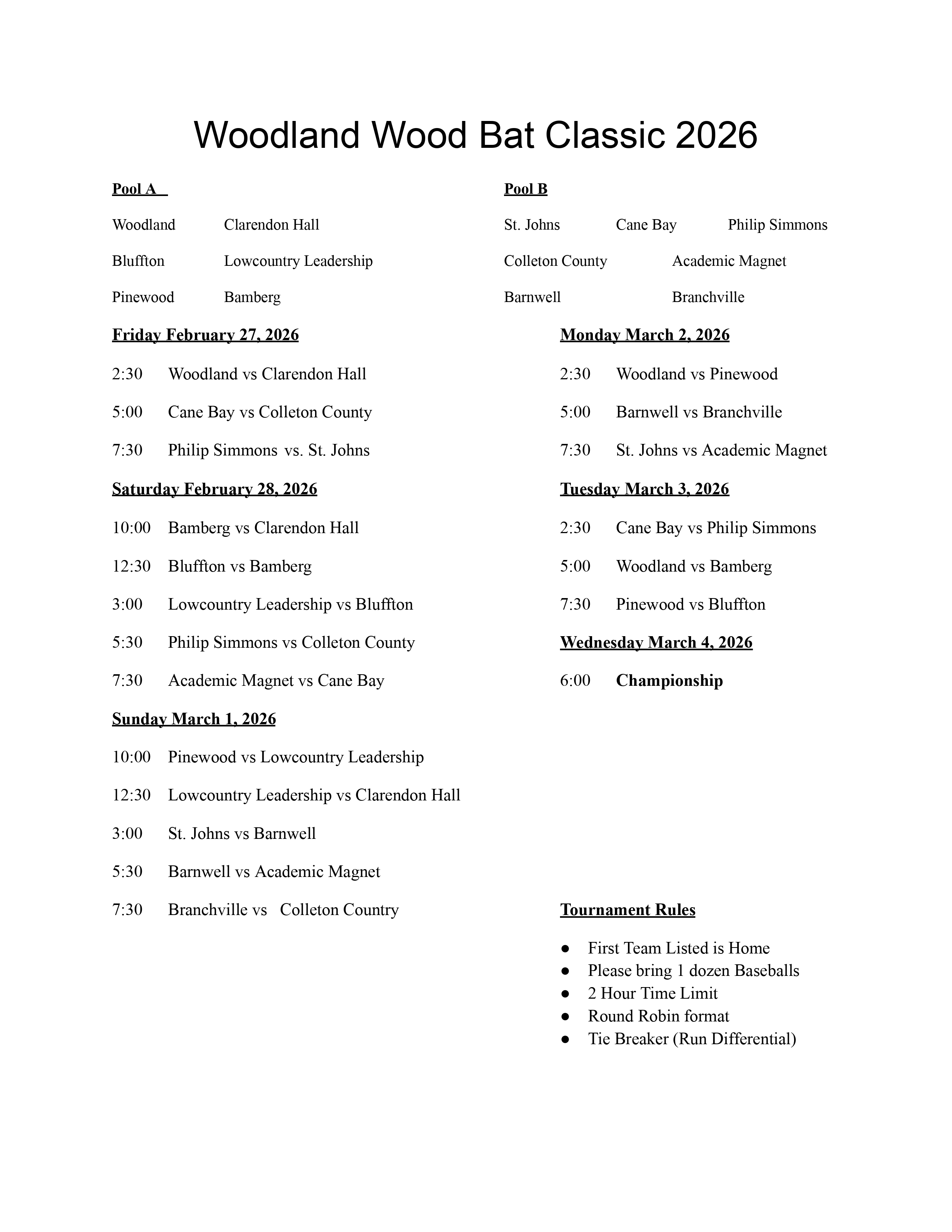 2026 Wood Bat Tournament