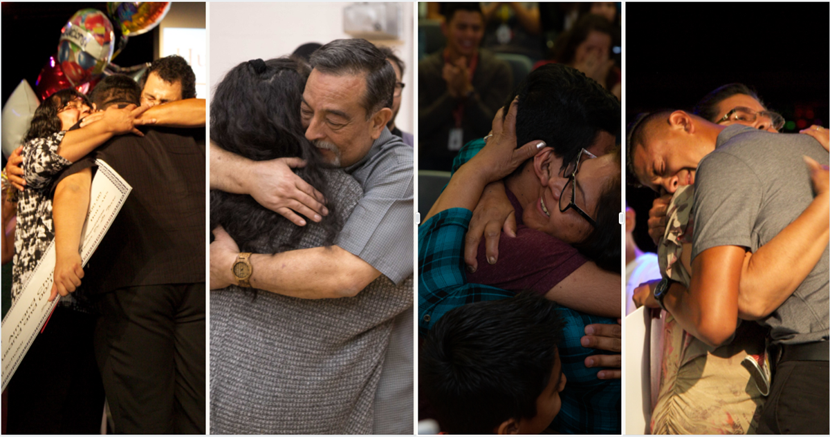 Scholarship recipients and hugging their loved ones