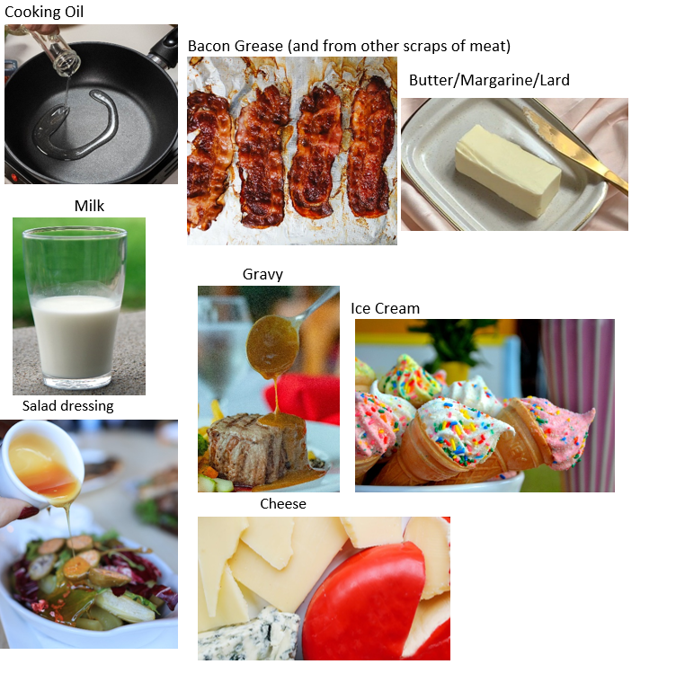 Examples of FOGs: Cooking Oil, Bacon Grease, Butter/Margarine/Lard, Milk, Gravy, Ice cream, Salad dressng and Cheese