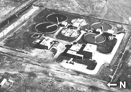 An aerial view of the current wastewater treatment plant circa 1966